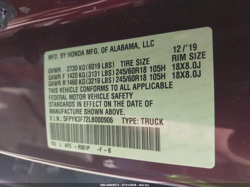 2020 Honda Ridgeline Rtl-E VIN: 5FPYK3F72LB000906 Lot: 45685073