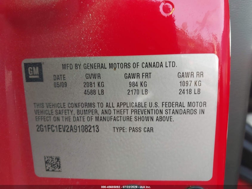 CHEVROLET CAMARO 2010 VIN 2G1FC1EV2A9108213