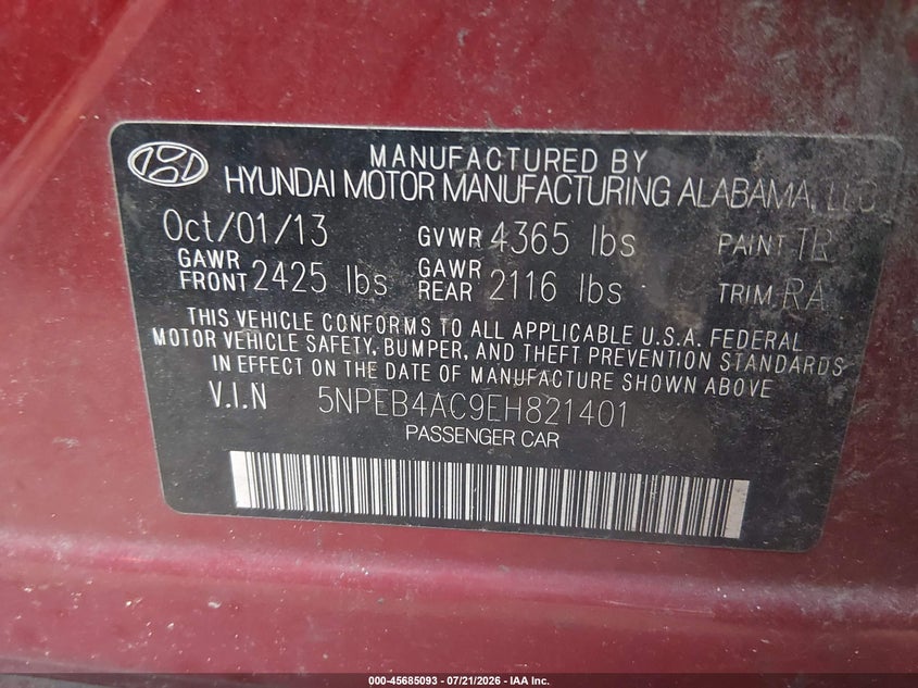 2014 Hyundai Sonata Gls VIN: 5NPEB4AC9EH821401 Lot: 45685093