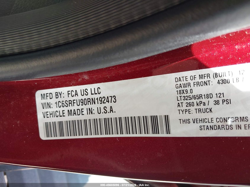 2024 Ram 1500 Trx 4X4 5'7 Box VIN: 1C6SRFU90RN192473 Lot: 45685096
