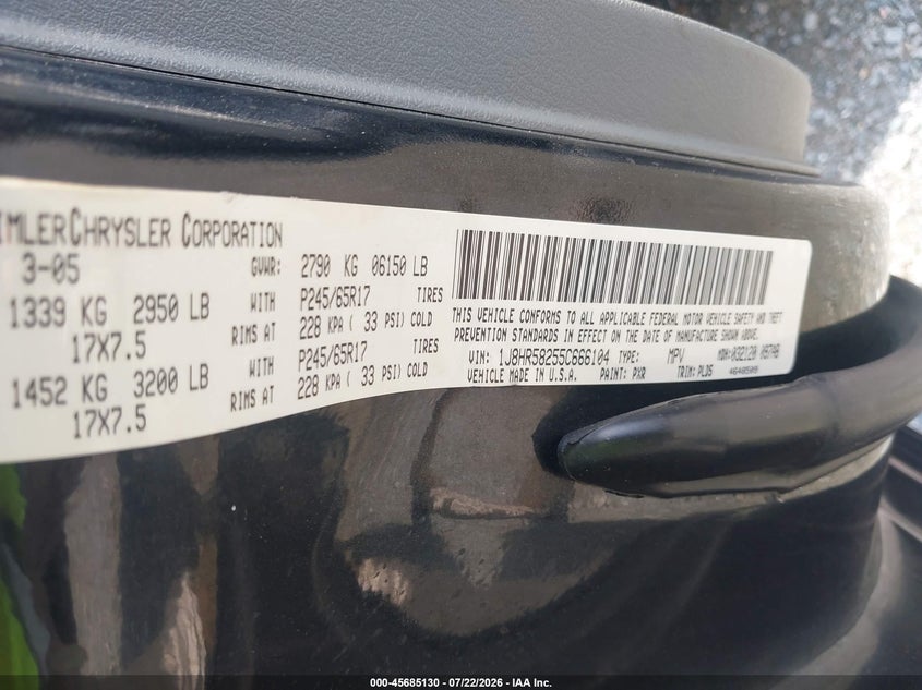 JEEP GRAND CHEROKEE 2005 VIN 1J8HR58255C666104