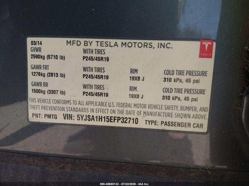 2014 Tesla Model S P85 VIN: 5YJSA1H15EFP32710 Lot: 45685132