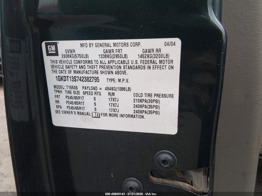 2004 GMC Envoy Sle VIN: 1GKDT13S742382795 Lot: 45685143