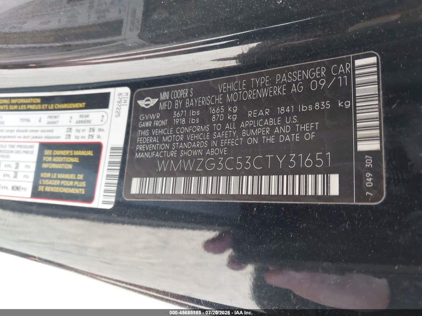 2012 Mini Cooper S Clubman VIN: WMWZG3C53CTY31651 Lot: 45685185