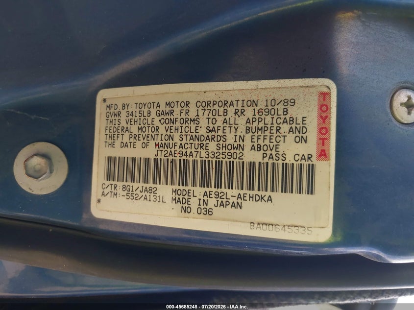 1990 Toyota Corolla Dlx VIN: JT2AE94A7L3325902 Lot: 45685248