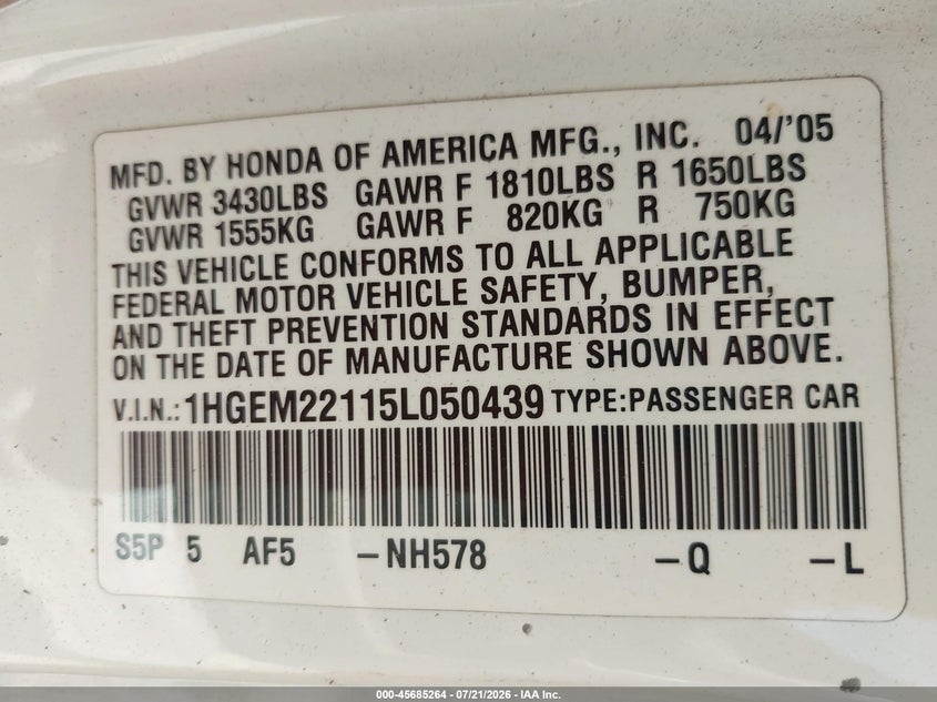 2005 Honda Civic Vp VIN: 1HGEM22115L050439 Lot: 45685264