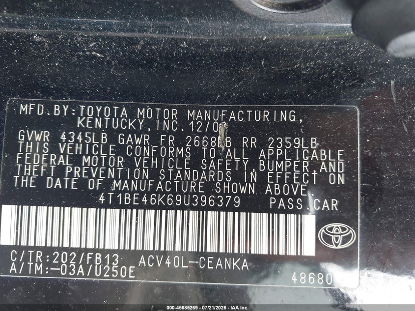 2009 Toyota Camry Le VIN: 4T1BE46K69U396379 Lot: 45685269