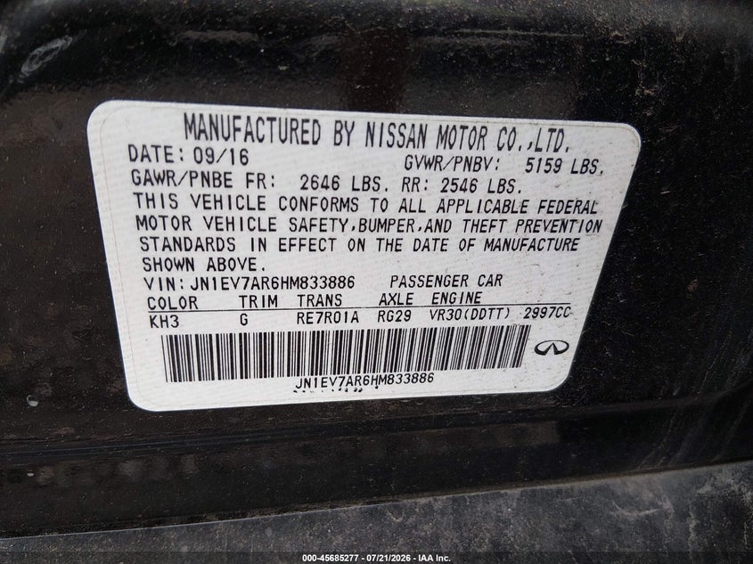 2017 Infiniti Q50 3.0T Sport VIN: JN1EV7AR6HM833886 Lot: 45685277
