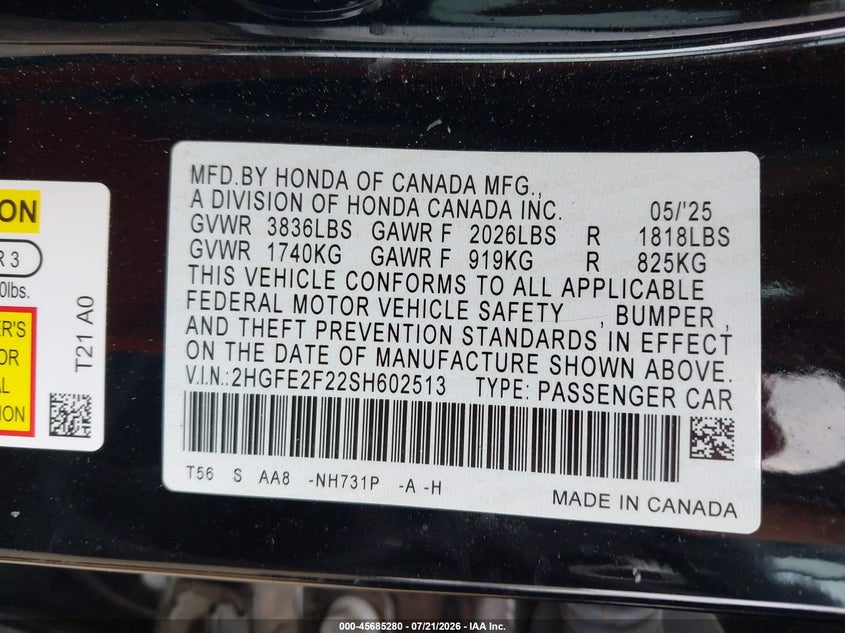 2025 Honda Civic Lx VIN: 2HGFE2F22SH602513 Lot: 45685280