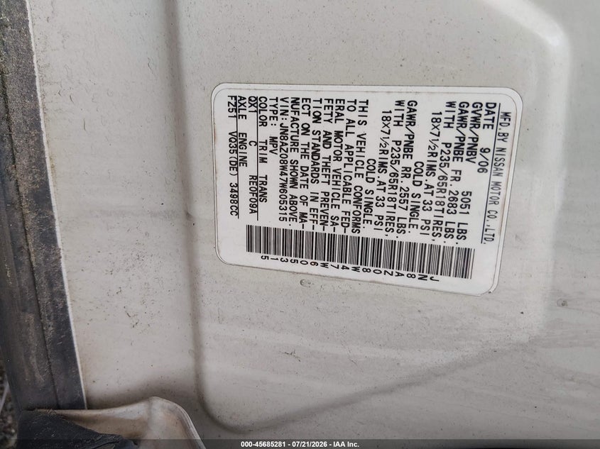 2007 Nissan Murano Sl VIN: JN8AZ08W47W605315 Lot: 45685281