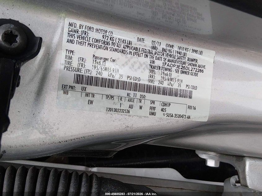 2013 Ford Focus S VIN: 1FADP3E25DL272286 Lot: 45685283