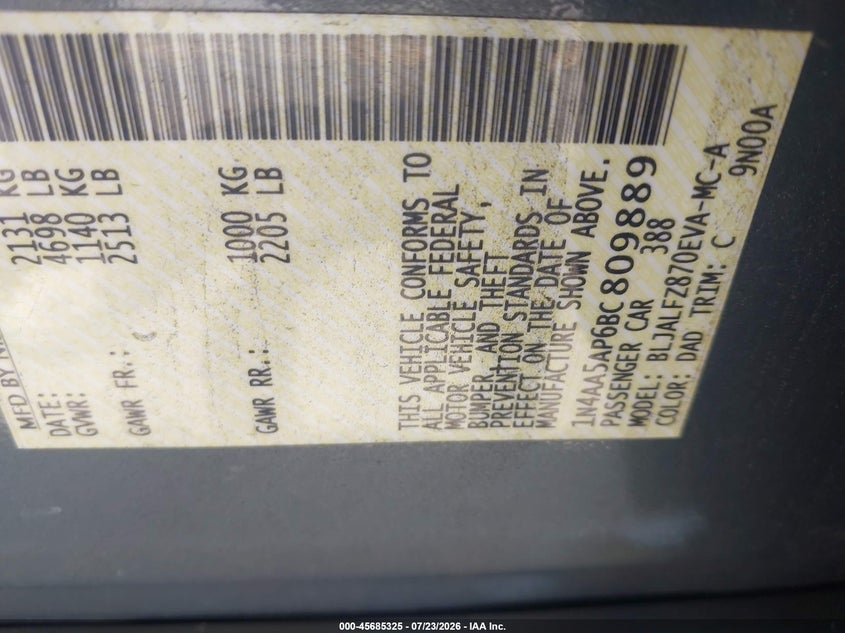 NISSAN MAXIMA 2011 VIN 1N4AA5AP6BC809889
