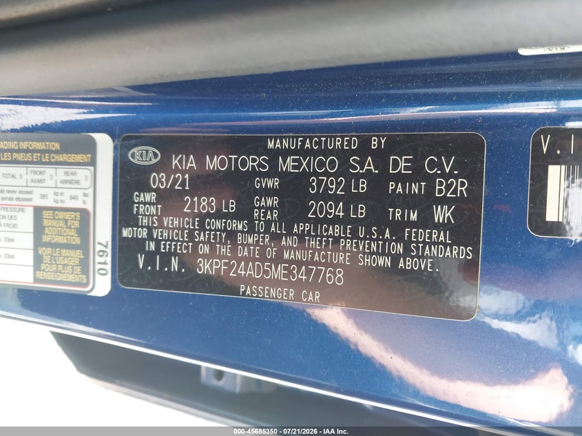 2021 Kia Forte Lxs VIN: 3KPF24AD5ME347768 Lot: 45685350