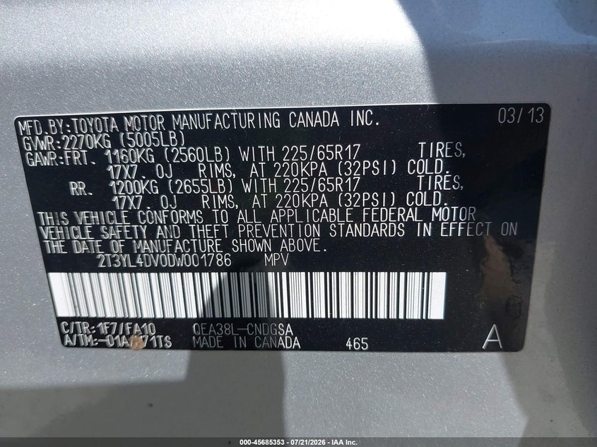 2013 Toyota Rav4 Ev VIN: 2T3YL4DV0DW001786 Lot: 45685353