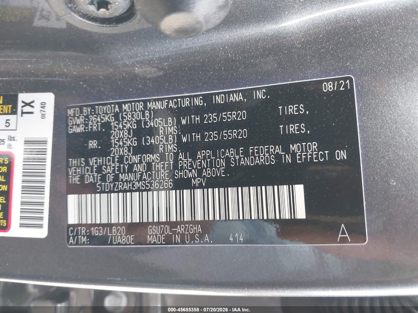 2021 Toyota Highlander Limited VIN: 5TDYZRAH3MS536266 Lot: 45685358