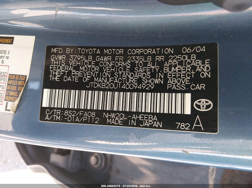 2004 Toyota Prius VIN: JTDKB20U140094929 Lot: 45685379