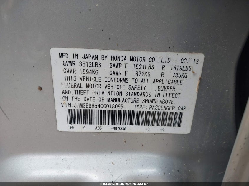 2012 HONDA FIT HATCHBACK 1.5L I-4 VVT, 117HP
