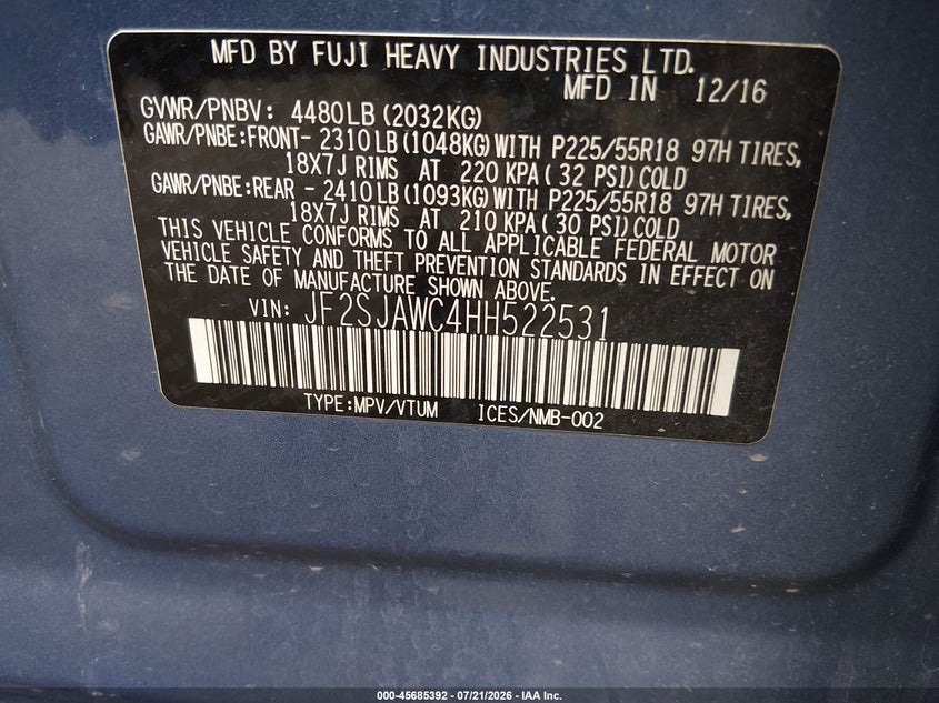 2017 Subaru Forester 2.5I Touring VIN: JF2SJAWC4HH522531 Lot: 45685392