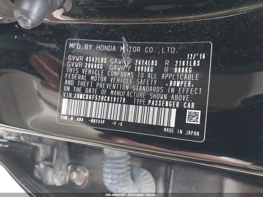 2017 Honda Accord Hybrid Ex-L VIN: JHMCR6F52HC019179 Lot: 45685397