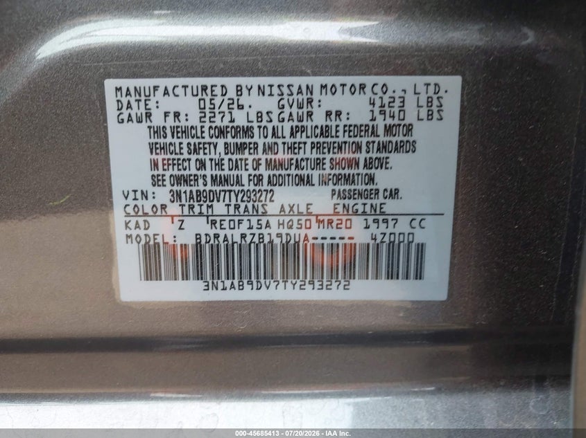 2026 Nissan Sentra Sr VIN: 3N1AB9DV7TY293272 Lot: 45685413