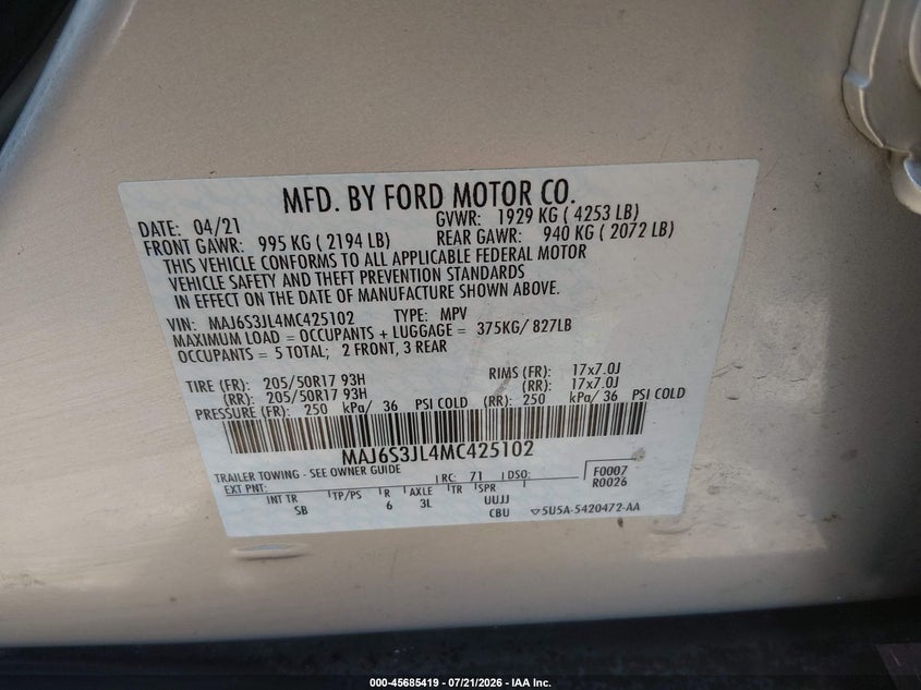 2021 Ford Ecosport Ses VIN: MAJ6S3JL4MC425102 Lot: 45685419