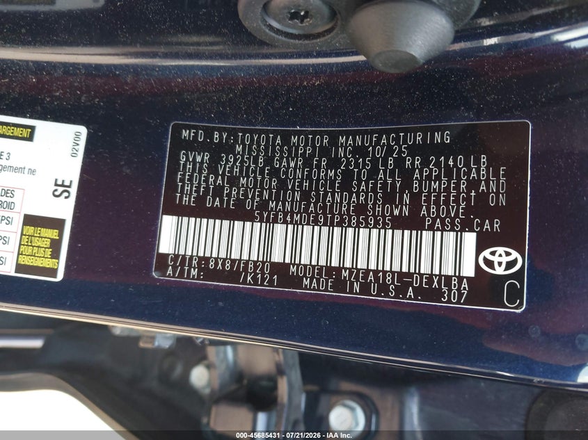 2026 Toyota Corolla Le VIN: 5YFB4MDE9TP385935 Lot: 45685431