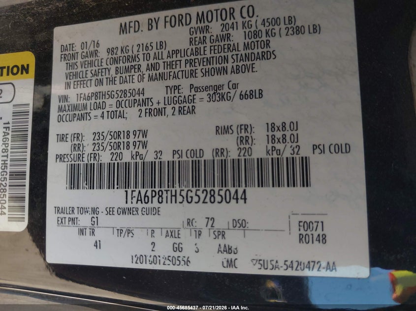 2016 Ford Mustang Ecoboost VIN: 1FA6P8TH5G5285044 Lot: 45685437