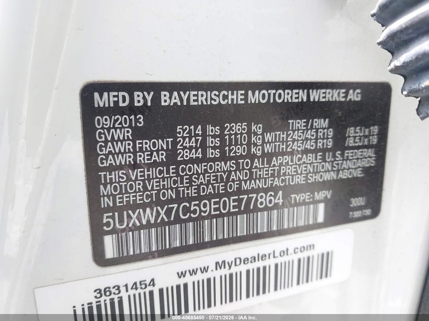 2014 BMW X3 xDrive35I VIN: 5UXWX7C59E0E77864 Lot: 45685450