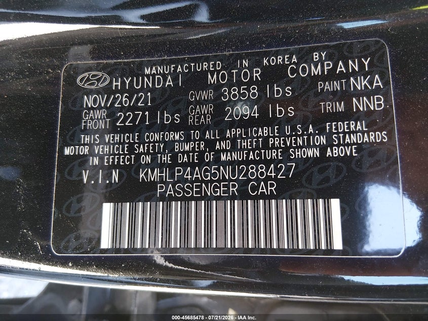 2022 Hyundai Elantra Limited VIN: KMHLP4AG5NU288427 Lot: 45685478