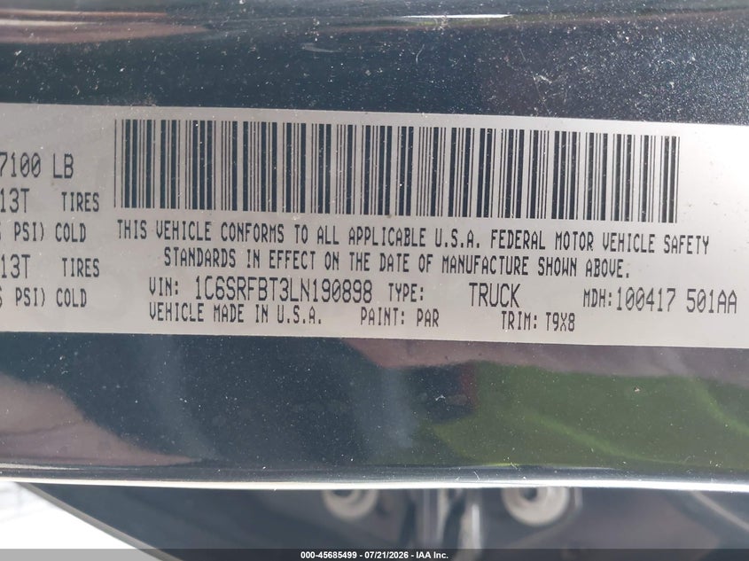 2020 Ram 1500 Big Horn 4X4 6'4 Box VIN: 1C6SRFBT3LN190898 Lot: 45685499