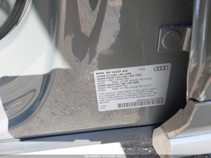 2024 Audi Q5 Premium Plus 45 Tfsi S Line Quattro VIN: WA1EAAFY4R2050806 Lot: 45685533
