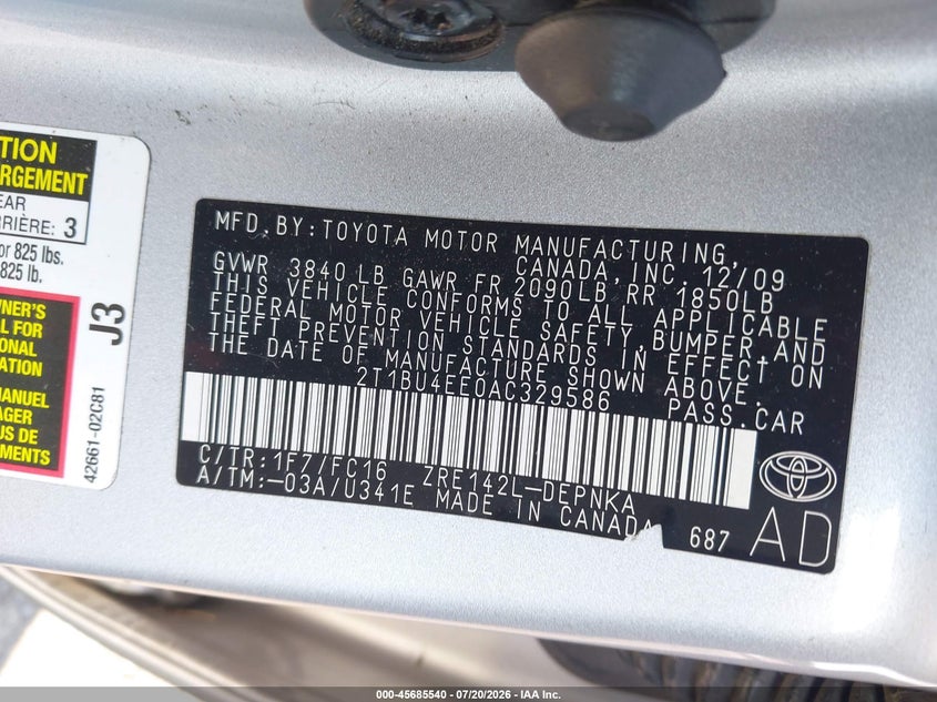 2010 Toyota Corolla Xle VIN: 2T1BU4EE0AC329586 Lot: 45685540