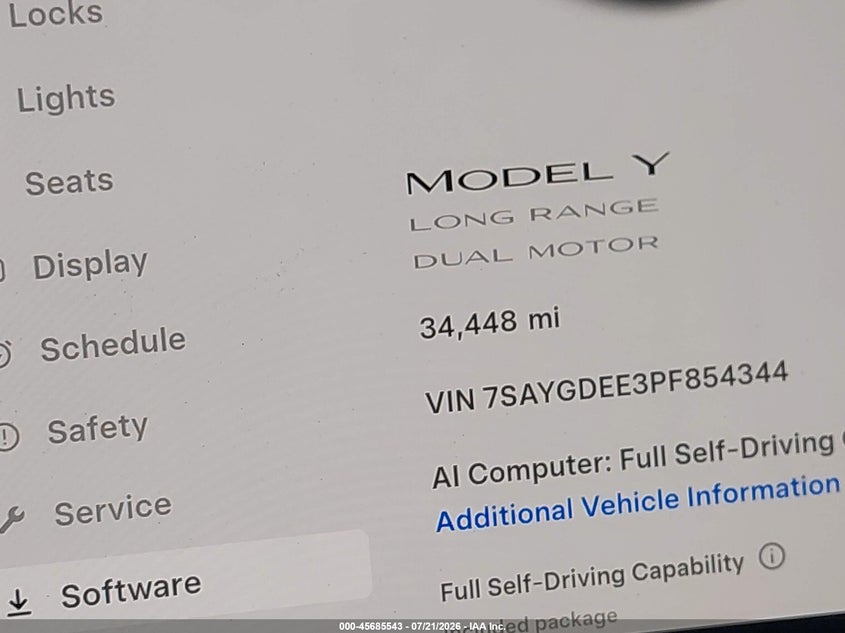2023 Tesla Model Y Awd/Long Range Dual Motor All-Wheel Drive VIN: 7SAYGDEE3PF854344 Lot: 45685543