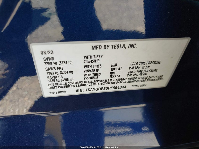 2023 Tesla Model Y Awd/Long Range Dual Motor All-Wheel Drive VIN: 7SAYGDEE3PF854344 Lot: 45685543