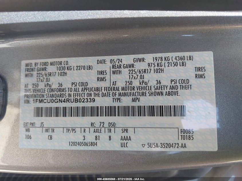 2024 Ford Escape Active VIN: 1FMCU0GN4RUB02339 Lot: 45685568
