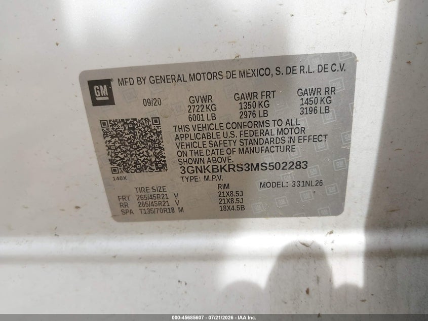 2021 Chevrolet Blazer Awd Rs VIN: 3GNKBKRS3MS502283 Lot: 45685607