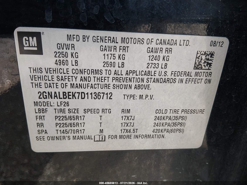 2013 Chevrolet Equinox Ls VIN: 2GNALBEK7D1136712 Lot: 45685613