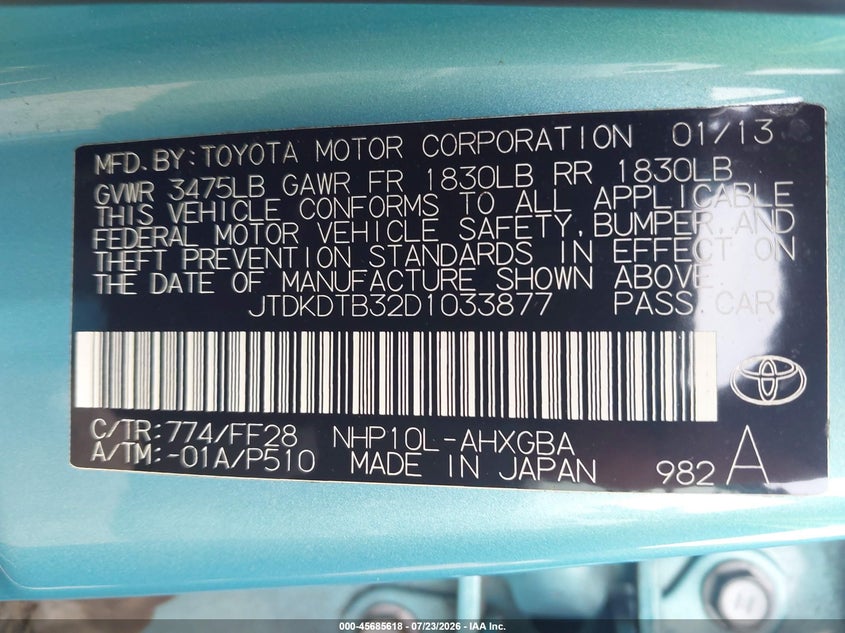 TOYOTA PRIUS C 2013 VIN JTDKDTB32D1033877