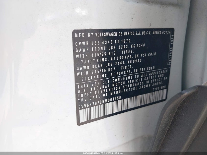 2024 Volkswagen Taos 1.5T S VIN: 3VV5X7B22RM061659 Lot: 45685624