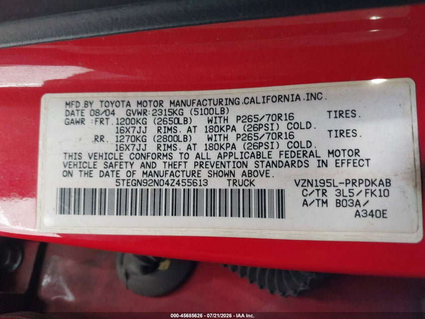 2004 Toyota Tacoma Prerunner V6 VIN: 5TEGN92N04Z455613 Lot: 45685626