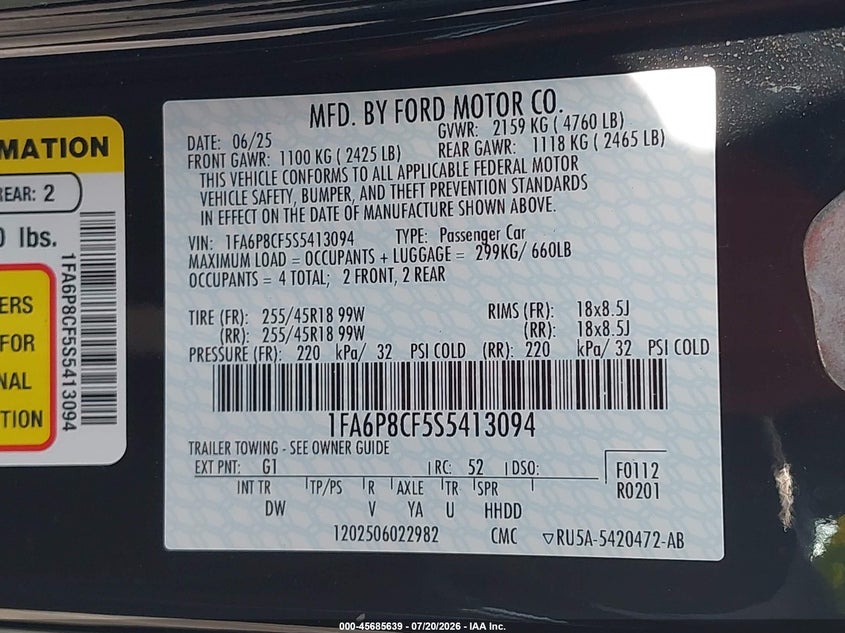 2025 Ford Mustang Gt Fastback VIN: 1FA6P8CF5S5413094 Lot: 45685639