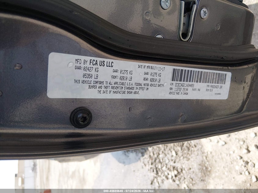 CHRYSLER 300 2018 VIN 2C3CCAGG1JH204059