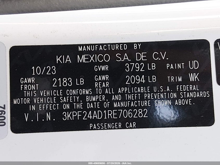 2024 Kia Forte Lx VIN: 3KPF24AD1RE706282 Lot: 45685656