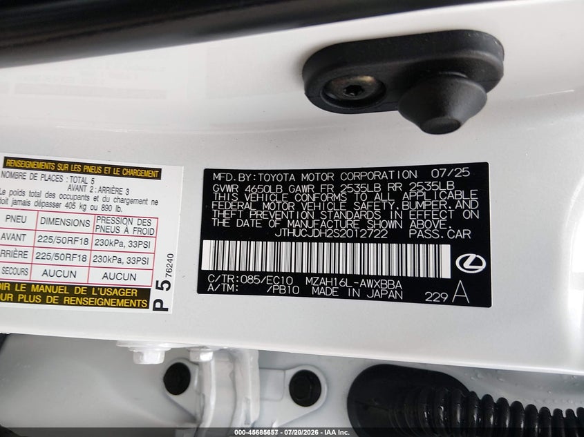 2025 Lexus Ux 300H Premium VIN: JTHUCJDH2S2012722 Lot: 45685657