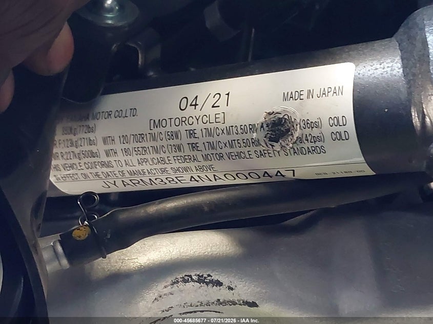 2022 Yamaha Yzfr7 VIN: JYARM38E4NA000447 Lot: 45685677