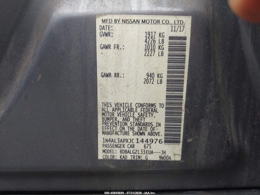 2018 Nissan Altima 2.5 S VIN: 1N4AL3APXJC144976 Lot: 45685689