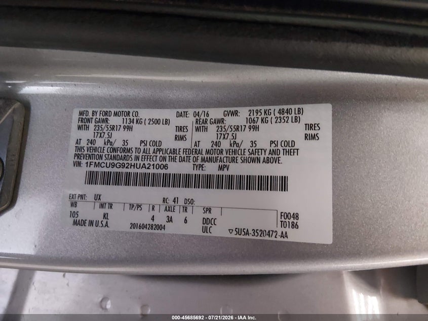 2017 Ford Escape Se VIN: 1FMCU9G92HUA21006 Lot: 45685692