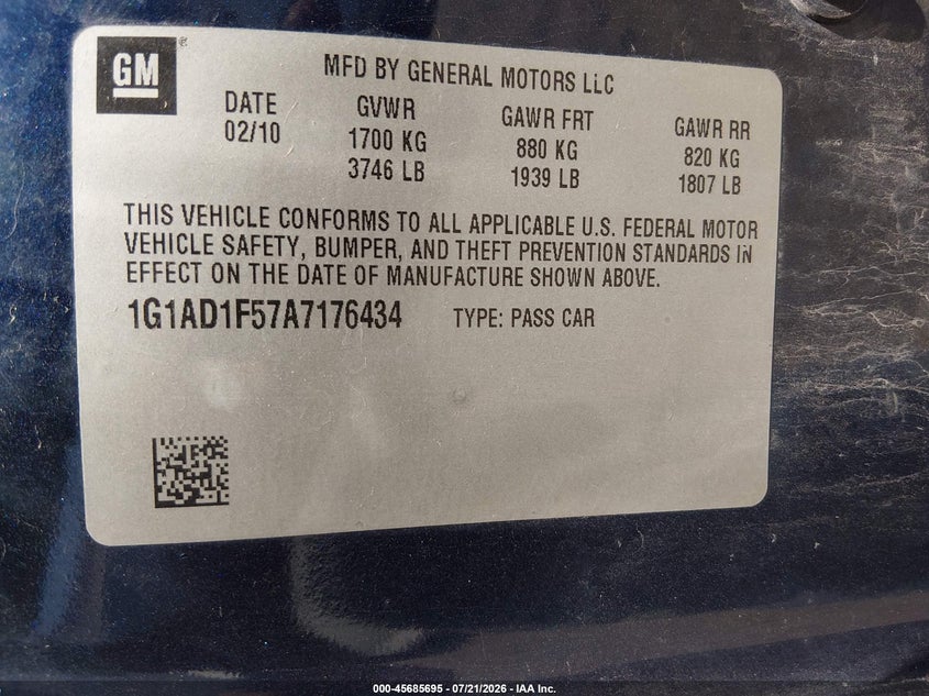 2010 Chevrolet Cobalt Lt VIN: 1G1AD1F57A7176434 Lot: 45685695