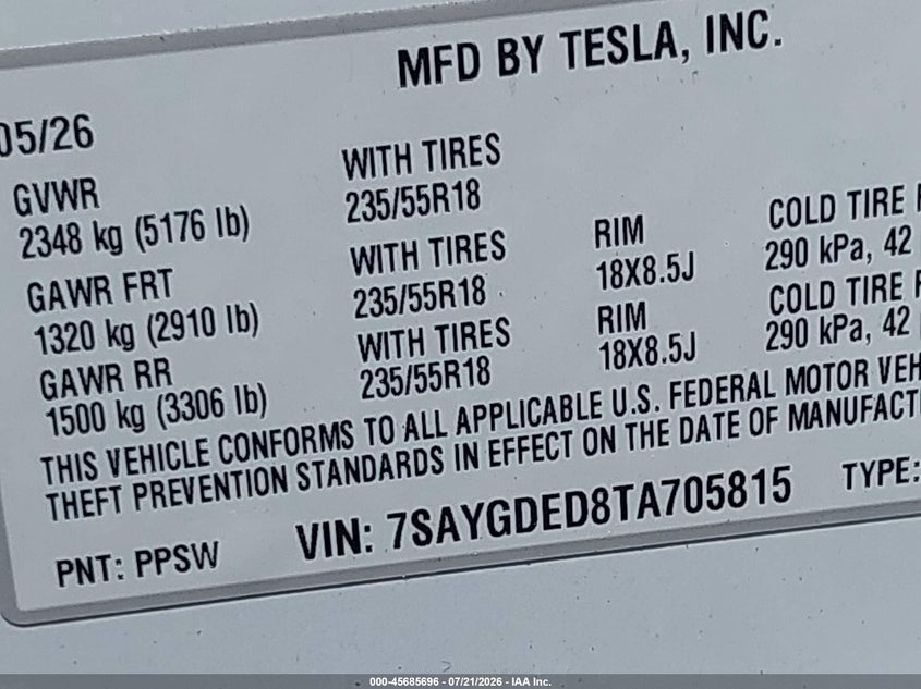 2026 Tesla Model Y Premium Rear-Wheel Drive/Rear-Wheel Drive VIN: 7SAYGDED8TA705815 Lot: 45685696