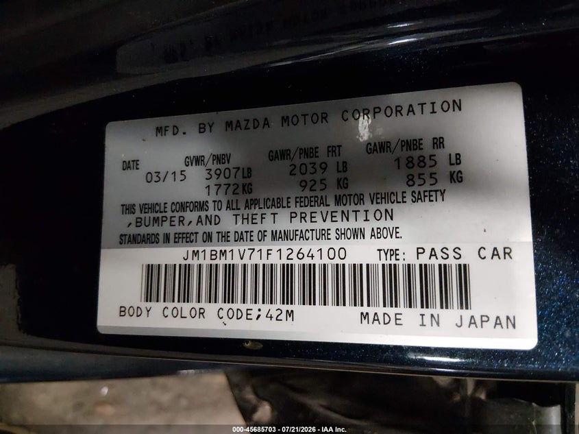2015 Mazda Mazda3 I Touring VIN: JM1BM1V71F1264100 Lot: 45685703